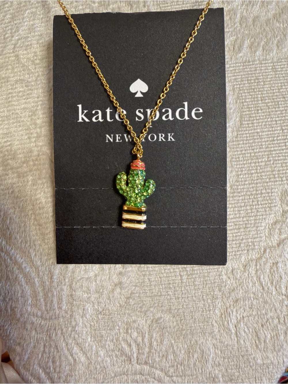 Kate Spade Haute Stuff Crystal Cactus Pendant Necklace Gold Tone Green NWT
